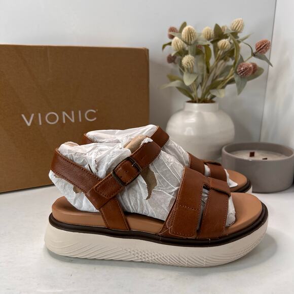 Vionic Solana Leather Strappy Platform Sandal Tan Buckle J4525L1200 Women 6W NWB - Picture 2 of 10